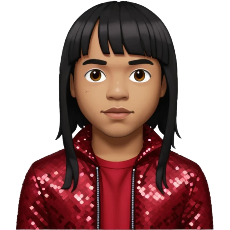 Anderson Paak with long platinum black hair with bang, dark red sequin outfit emoji
