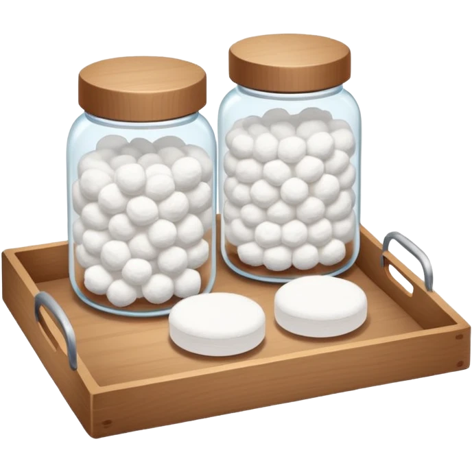 wooden tray with a jar of cotton balls, a jar of cotton swabs, a jar of cotton pads with wooden lids emoji