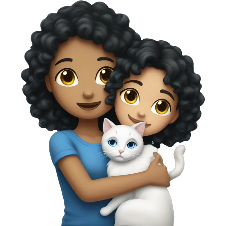 A black-haired girl with curly hair hugging a blue-eyed white cat emoji