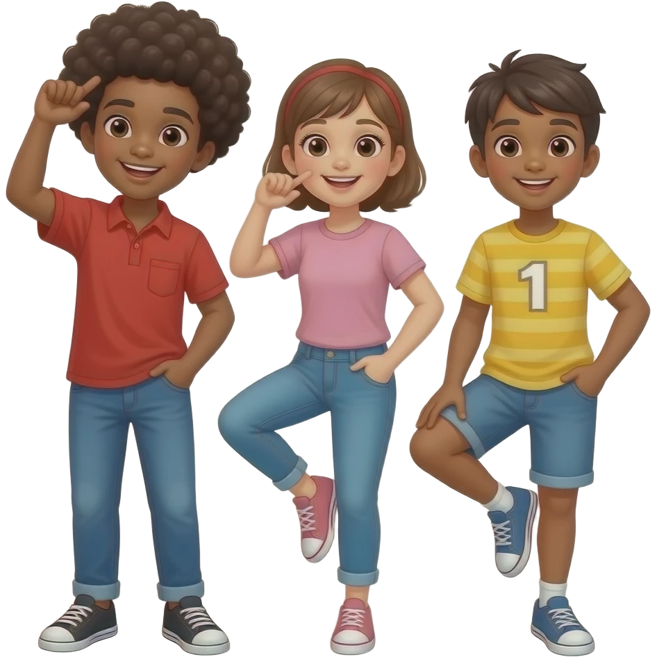Head And Shoulders One Boy Afro Hair Red Shirt Dark Skin doing Head 3 children are doing shoulders knees and toes emoji