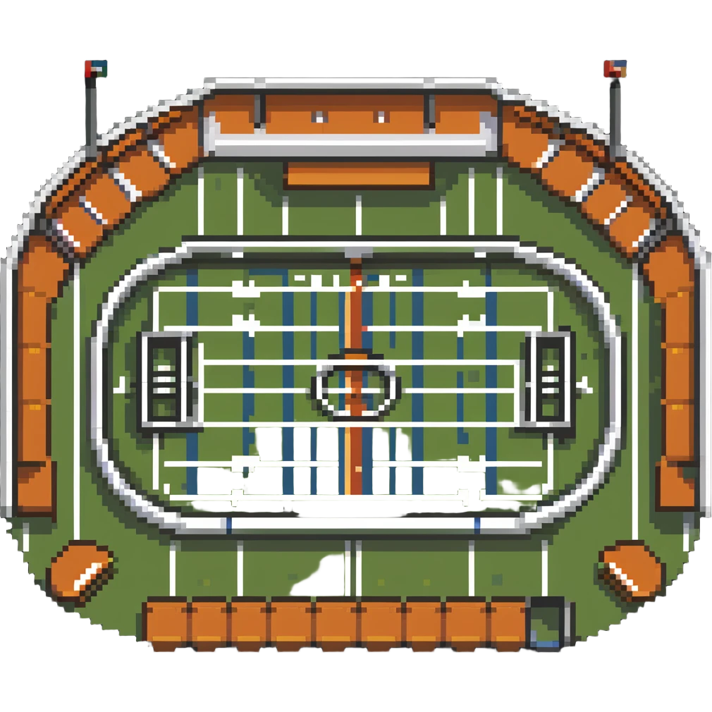 quidditch field with goal hoops and stadium seating around the oval field emoji