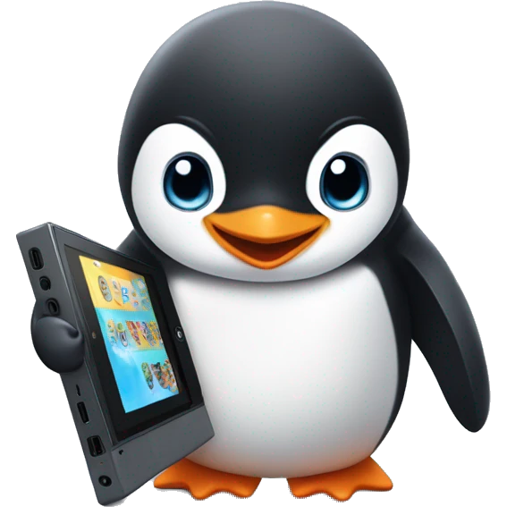 Cute baby penguin playing with a Nintendo switch  emoji