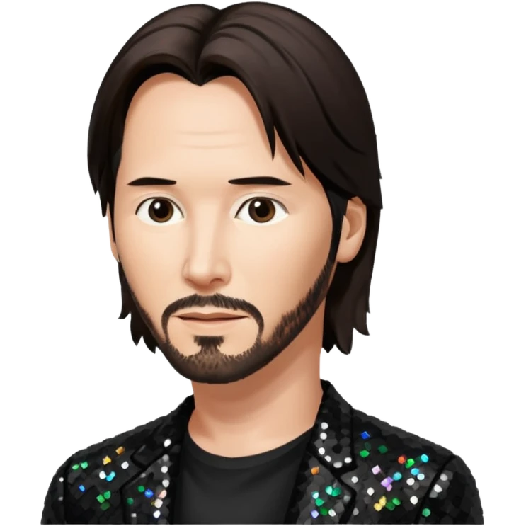 Keanu Reeves with dark brown hair, black sequin outfit emoji