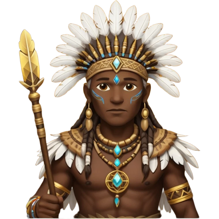 Tribal shaman silhouette gold realistic Big with staff and feathers, spiritual aura, sacred geometry glow behind, powerful stance emoji