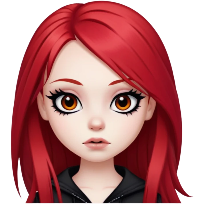 emo alternativ red long hair, pale skin,  brown iris, pretty bratz baddie, strong black eyeliner emoji