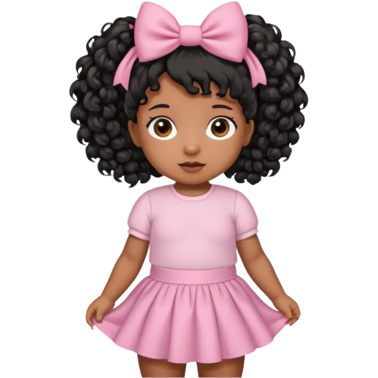 a brown skin baby with curly hair and a baby pink skirt and baby pink bows with her hair in pigtails and black hair emoji