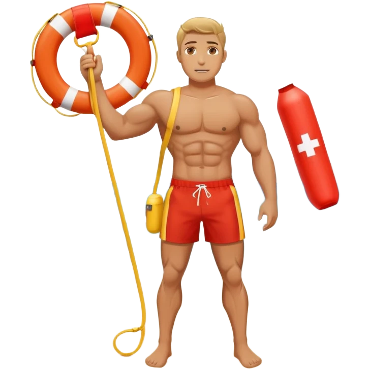 Muscular lifeguard man on beach with rescue tube emoji