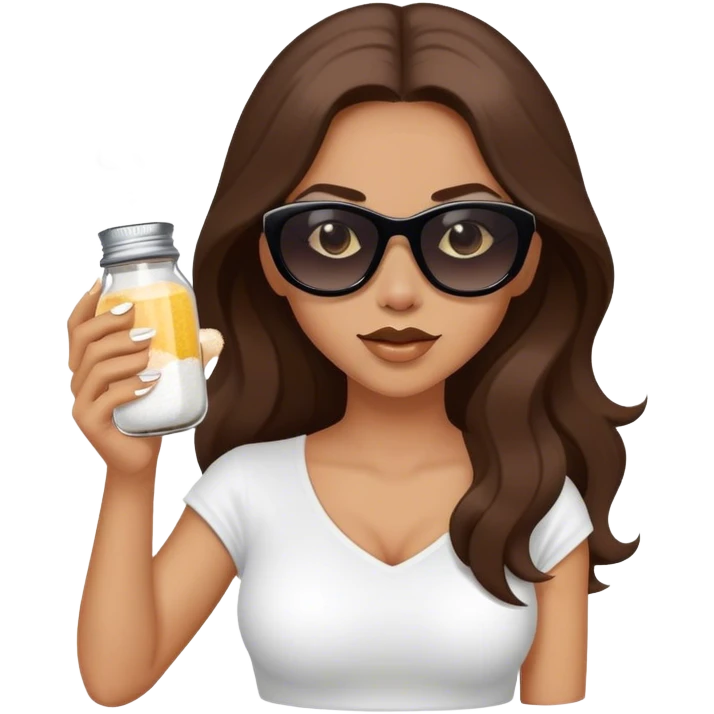 sassy woman with long brown hair and dark sunglasses holding a salt shaker and sprinkling the salt emoji