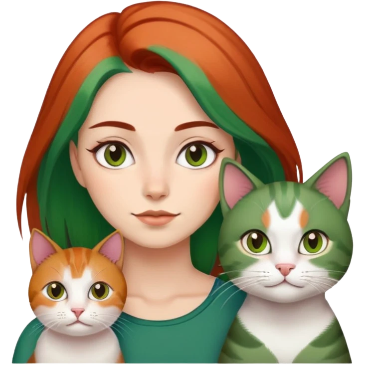 woman with brown and green hair next to a three-colored cat emoji