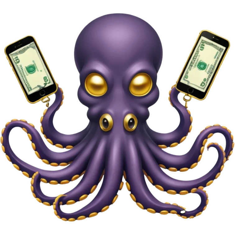 Intimidating octopus with pearl black skin, neon suction cups. Evil glaring eyes. Wearing white face mask and thick gold chain. 2 tentacles are holding their own cellphone, 2 more tentacles are holding stacks of money. emoji