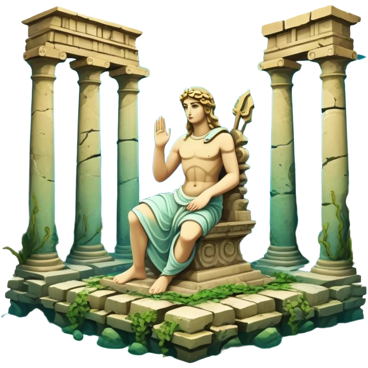 Simple Atlantis underwater ruins with a large sunken statue, fallen columns, broken domes, ancient Greek-style statue partially broken emoji