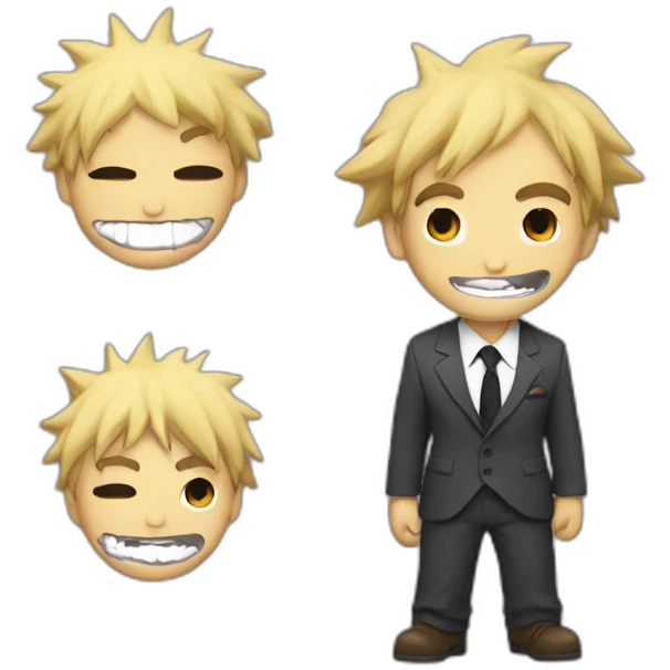Denji with his blond hair in a shaggy style, brown eyes, with his shark teeth, is smiling evil and with a shirt with a black tie from chainsawman emoji