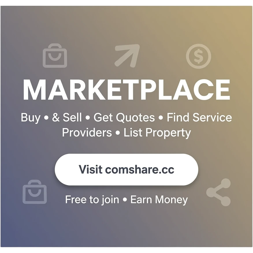 Main heading: "MARKETPLACE" Subtext: "Buy & Sell • Get Quotes • Find Service Providers • List Property" Call to action: "Visit comshare.cc" Bottom text: "Free to join • Earn Money".  Include subtle icons for shopping, sharing, money. Modern look. emoji