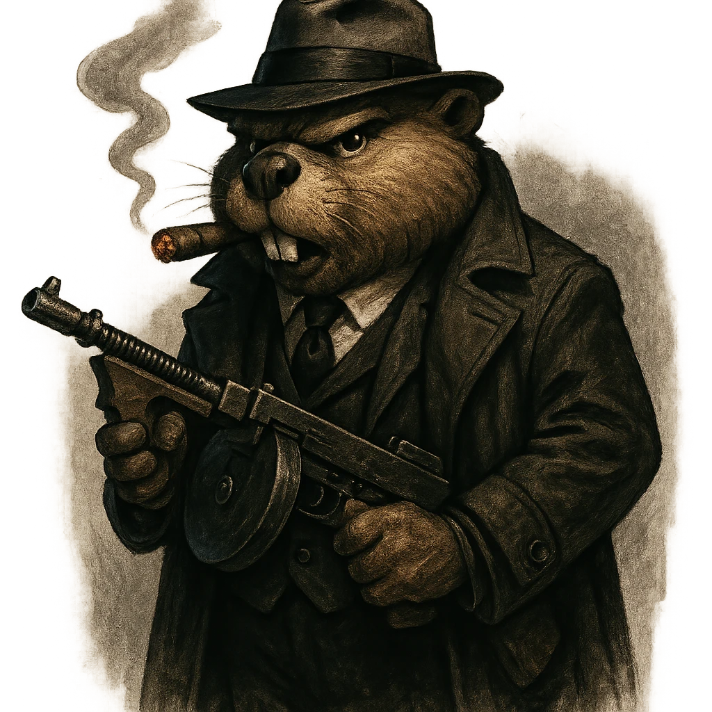 realistic cartoon of a tough beaver in 1920s gangster attire: black three-piece suit, dark trench coat, white shirt, black tie, fedora hat, cigar in mouth, holding a Tommy gun, dramatic gritty noir lighting, transparent or simple background emoji