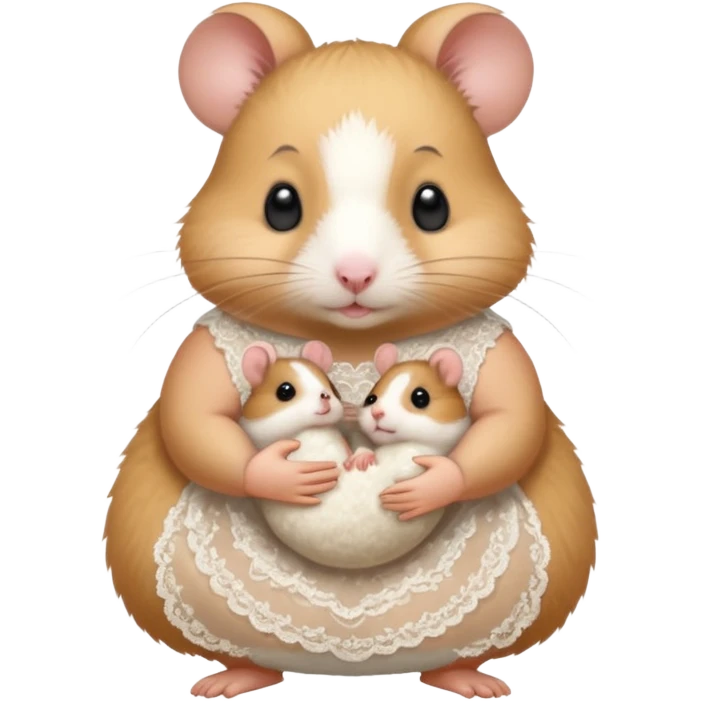 Mama hamster wearing white lace sexy dress holding baby hamster  emoji
