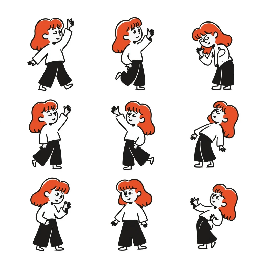A set of emojis for a Telegram channel called 'Рыжая Начинка' featuring a red-haired girl with various expressions and activities, in the style of hand-drawn doodles. emoji