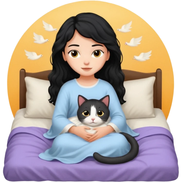 angelic black wavey hair girl in the bed with her cat emoji