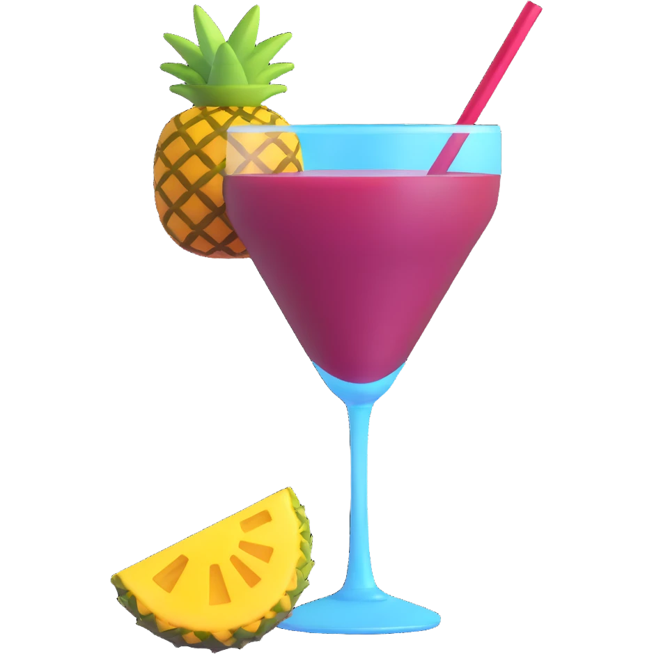 3D emoji style cocktail glass with burgundy drink and a pineapple wedge emoji