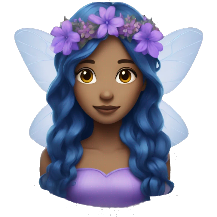 purple and blue brunette fairy with long hair and flower crown emoji