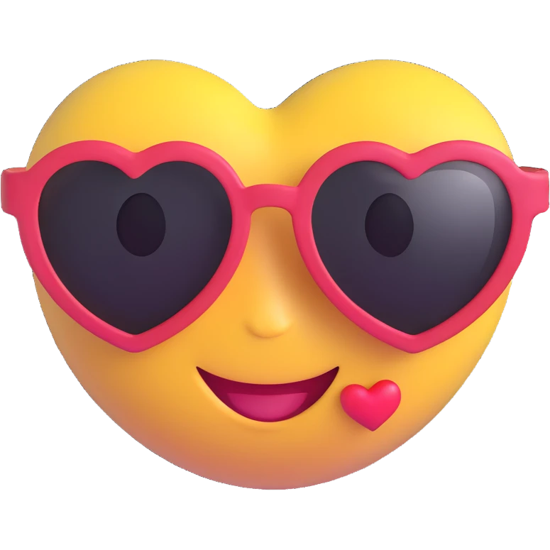 3D smiley emoji, nagy szempillás, szívecskés napszemüvegben, vidám emoji