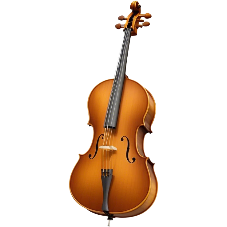 Create a refined and detailed emoji representing a Cremona cello with a bow. The design should feature the smooth, polished wooden body of the cello with a deep, rich tone color. The strings and tuning pegs should be visible, emphasizing the instrument's fine craftsmanship. Add a delicate bow placed gently across the strings, with intricate detailing on the hair and frog. Include subtle musical notes around the cello to evoke the graceful, classical sound. Use warm wood tones and accents like gold and silver for a professional, elegant look. The background should be transparent. emoji
