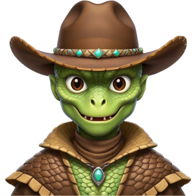 Portrait of a reptilian alien cowboy with textured scales, slit pupils, sharp jawline, dark brown cowboy hat, leather poncho, intense gaze, warm desert lighting, hyper realistic, shallow depth of field, cinematic western atmosphere
 emoji