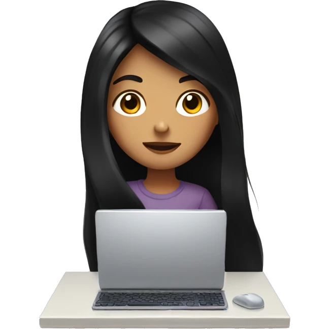 A girl with long black hair looking at a computer screen emoji