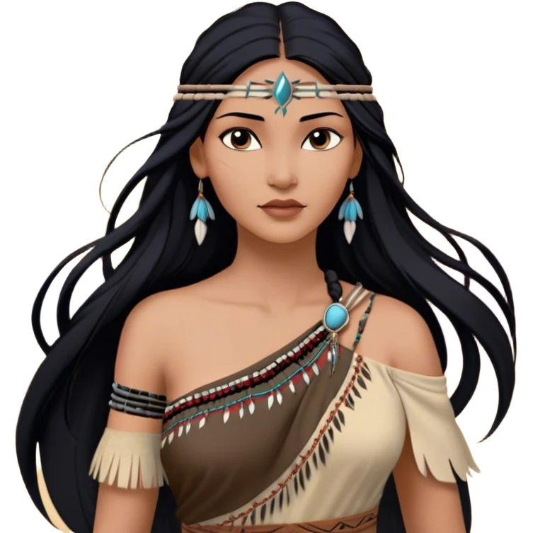 Cinematic Realistic Pocahontas Portrait, depicted with lifelike skin texture, soft natural lighting, and intricately detailed long, flowing raven-black hair that moves gracefully in the wind. Her deep, soulful dark brown eyes exude wisdom and strength, complemented by a serene yet powerful expression. She is dressed in her classic one-shoulder native american dress, with rich fabric textures and delicate beaded details that catch the light beautifully. The portrait features a soft, sun-kissed glow with a natural, radiant finish, capturing the essence of untamed beauty and deep connection to nature in a realistic and painterly style, evoking a sense of depth and authenticity. emoji