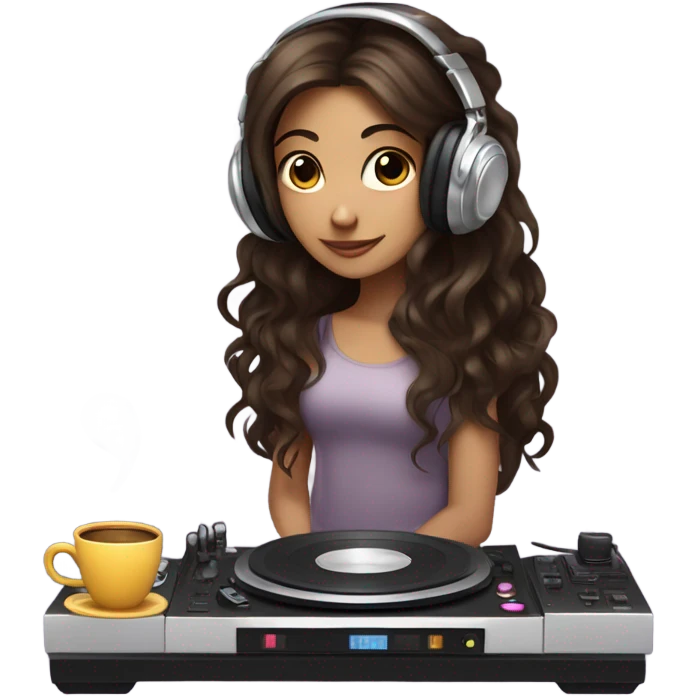 Fairy with long dark brown wavy hair dj-ing and drinking tea  emoji