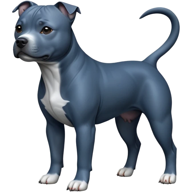 cinematic-[Staffordshire bull terrier]-realistic-full-body-standing-emoji,-tail-resting-loosely-beside-its-paws,-head-tilted-dramatically, -sleek-[dark blue grey]-fur,-simplified-yet-realistic-focused-features,-highly-detailed,-glowing-with-an-almost-sarcastic-glow emoji