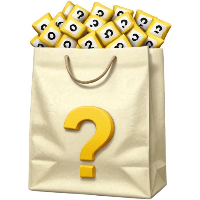crumbled white goodie bag with yellow questions mark boxes stuffed in it emoji