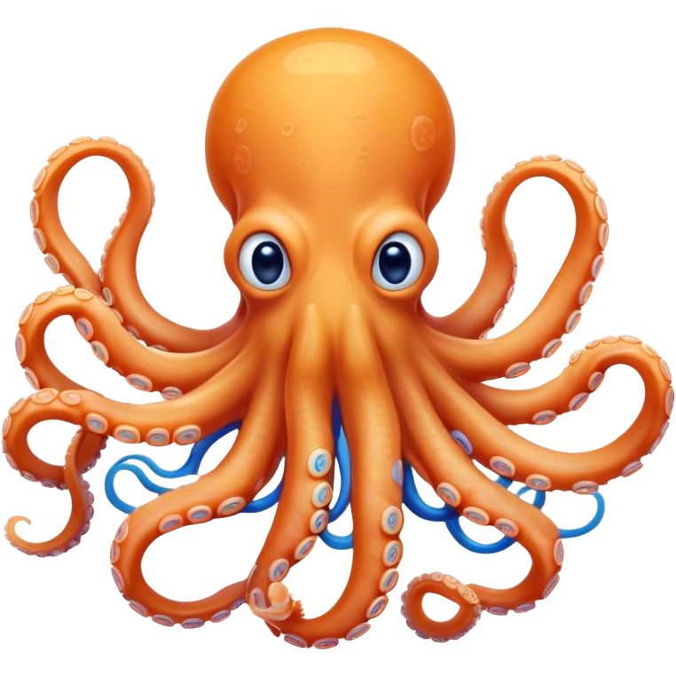 Cinematic Comical smirking Octopus Portrait Emoji, Head tilted dramatically with an exaggeratedly amused expression, featuring a rotund, light orange body festooned with bold blue rings and eight wildly expressive arms with comically animated suckers, Simplified yet hilariously expressive features, highly detailed, glowing with a slightly sassy underwater glow, high shine, dramatic yet playful, stylized with an air of quirky marine mischief, soft glowing outline, capturing the essence of a meme-worthy octopus that looks ready to squirt its way into viral fame! emoji