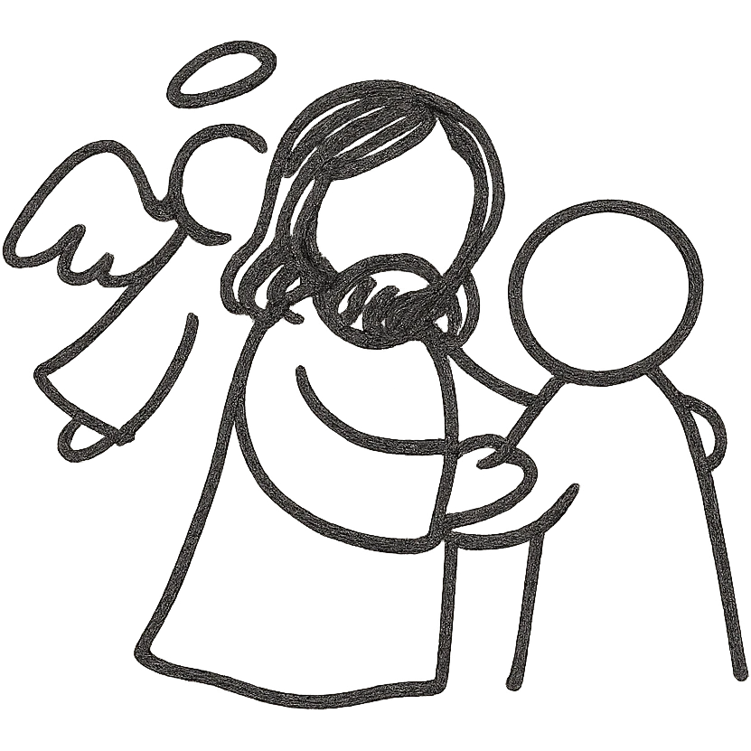 hand drawn cutesy tiny Jesus and a person, with an angel nearby, so small that faces are not visible emoji
