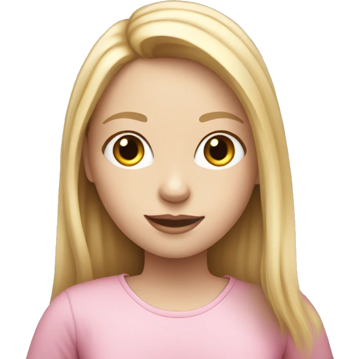 Girl with pale skin and with blond long  hair and  typing on pink MacBook   emoji