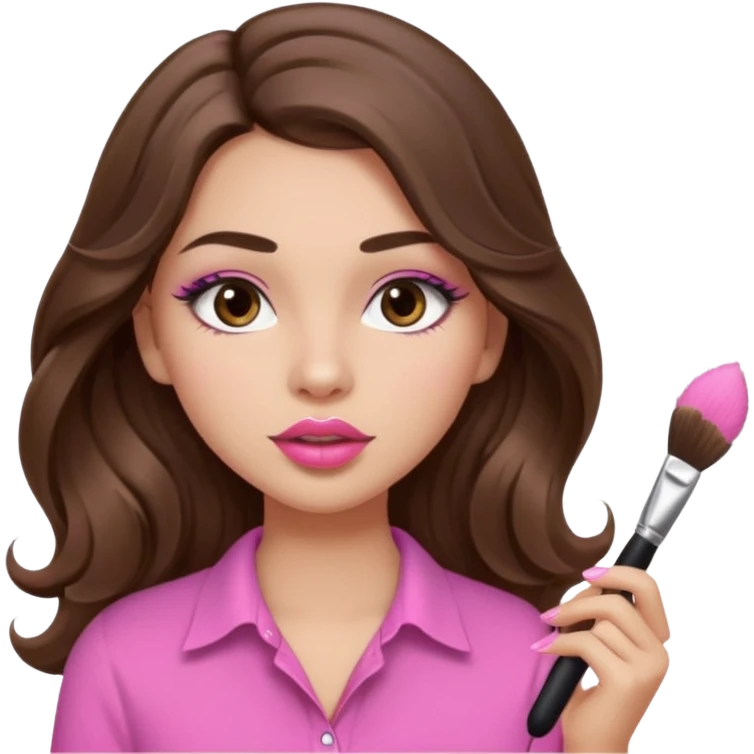 girl with long wavy brown hair, brown eyes, light to medium complexion, in a pink shirt, pink lips, long lashes, puckered lips, putting on makeup with a fluffy brush emoji
