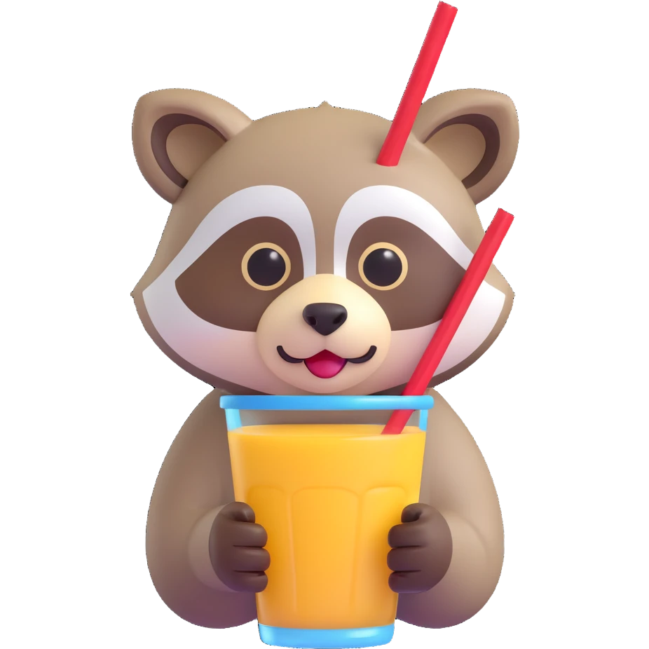 Show only the raccoon's face drinking through a straw in 3D emoji style, with no background, focusing on the microsoft style 3D fluent emoji look. emoji
