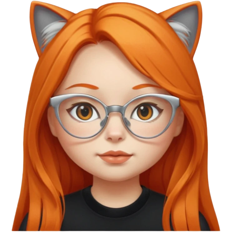 girl with chubby cheeks, very long orange hair, and silver cat eye glasses. Black clothes emoji
