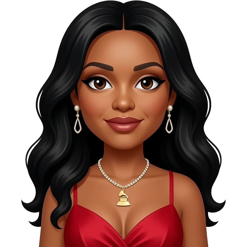 Rozonda Chilli Thomas from TLC with dark brown eyes, long black wavy hair, red grammy dress, necklace and earrings emoji