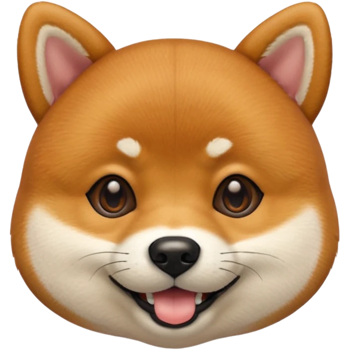 Head of a Shiba Inu dog, in orange-brown fur with white muzzle and cheeks, round face, big black eyes, perky ears, grinning with closed mouth, no tongue, front-facing, glossy texture, soft shadows
 emoji