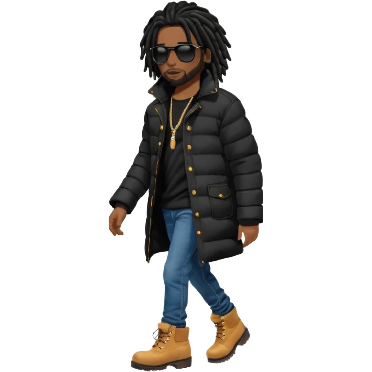 African American man brown skin complexion with black dreadlocks shoulder length wearing black bubble winter coat wearing black sunglasses with denim skinny jeans and timberland boots walking left emoji