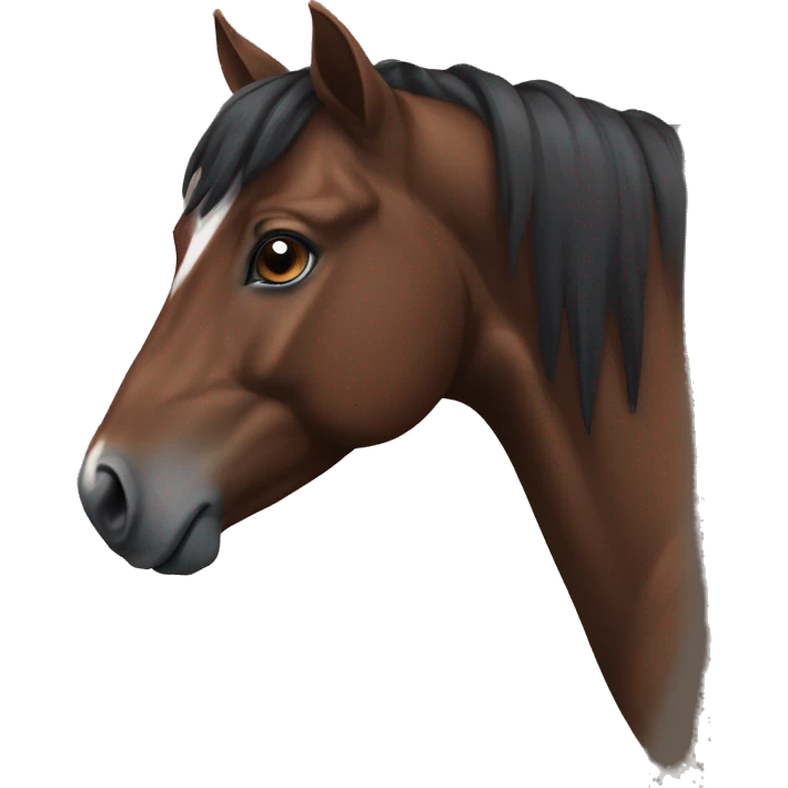 Brownish black horse with white mark on her forehead and a browner nose emoji