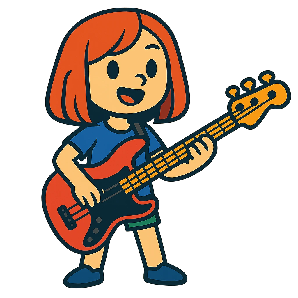 girl with red hair and red bass guitar, long bob hairstyle emoji