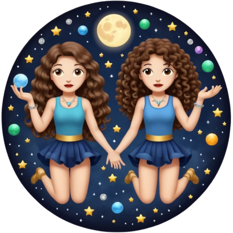 moon juggling — long wavy brown hair tattooed woman and short tight curly brown hair woman — tiny moons and crystals emoji
