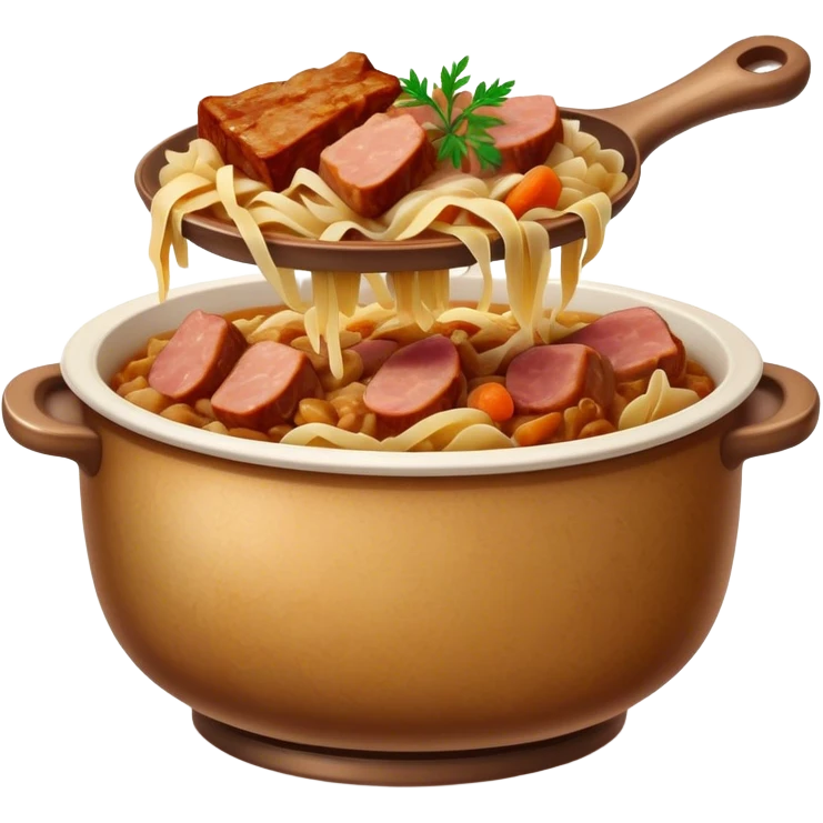 Cinematic Realistic Bigos Dish Emoji, showcasing a hearty stew of sauerkraut and meats rendered with rich textures and dynamic, rustic lighting. emoji
