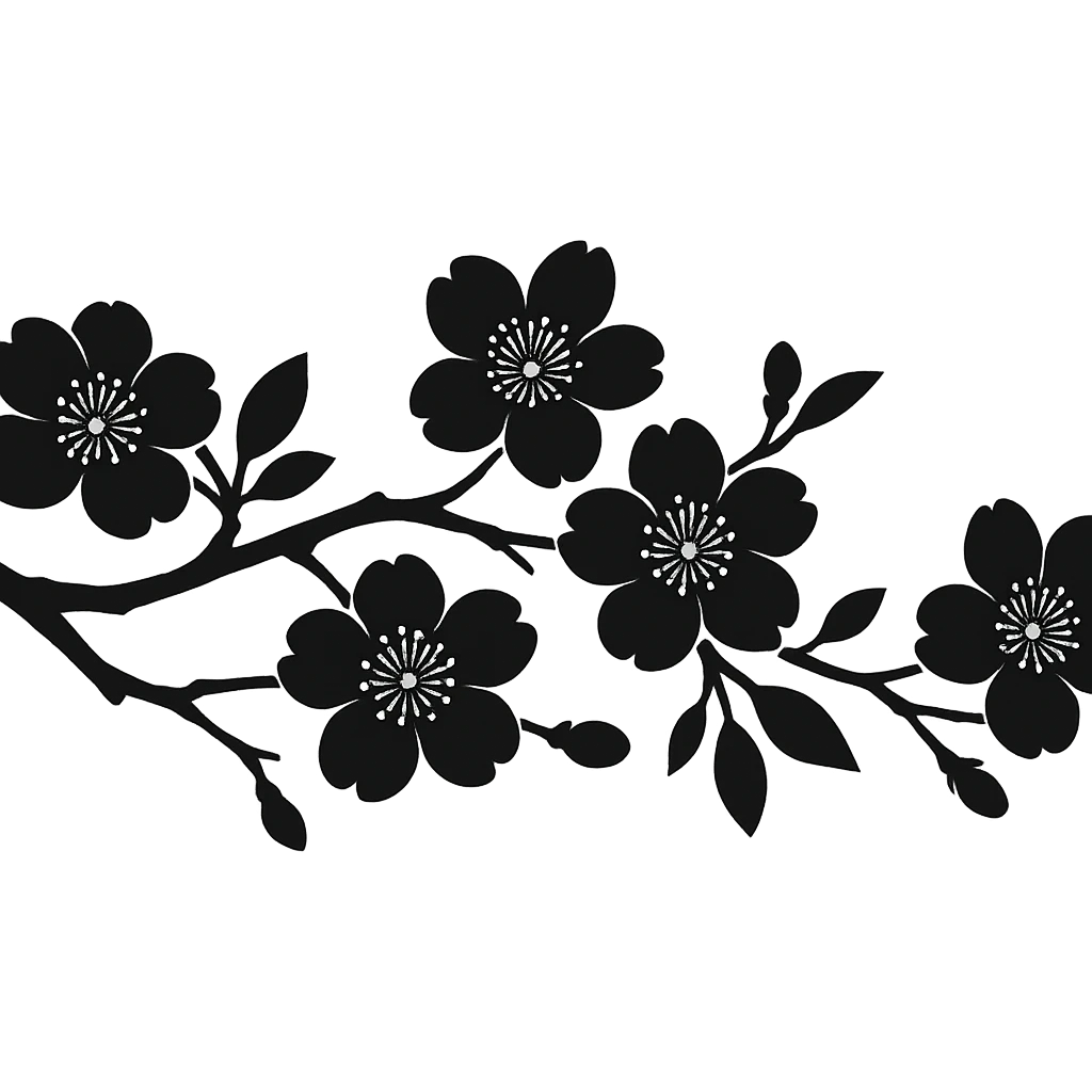 long sakura branch with solid fill, monochrome, large flowers, eastern style, no background, for sign decoration, 1200x100px emoji