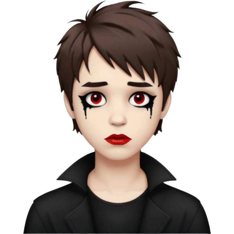 Happy pale Goth boy with shaggy brown hair, and messy black eyeliner , smudged, red, lipstick  emoji