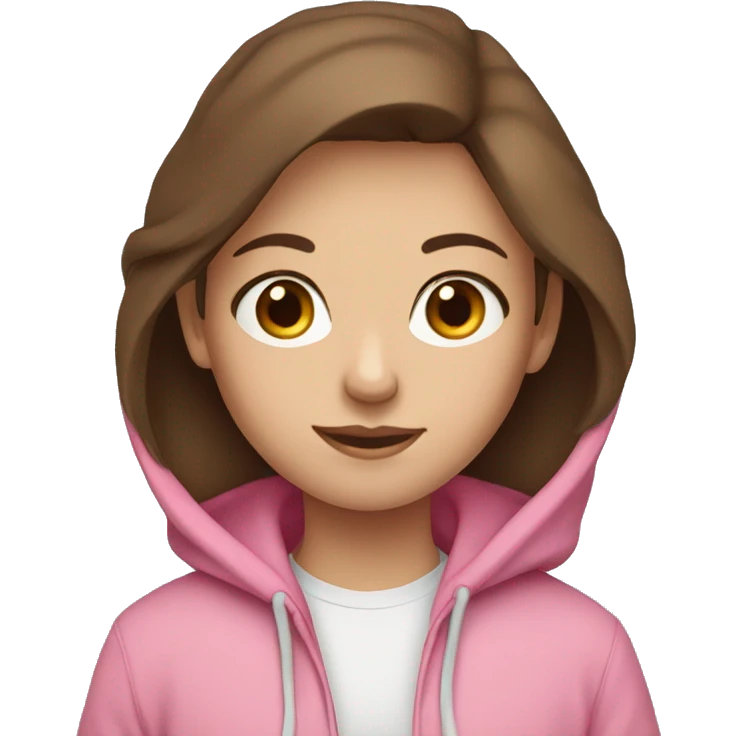 Brown hair blue eyes girl wearing pink hoodie emoji