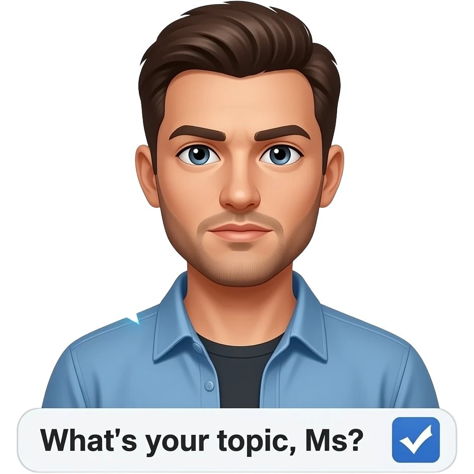 A informal man, glowing digital, communication, chat, a floating Facebook logo on the shoulder, looking at viewer with serious. Text on below: 'What's your topic, Ms. ?'. Shimmering cross and check icon, sharp edges emoji