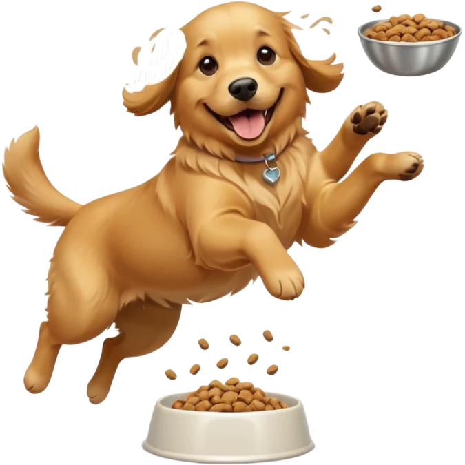 happy dog with a bowl of kibble, jumping with excitement emoji