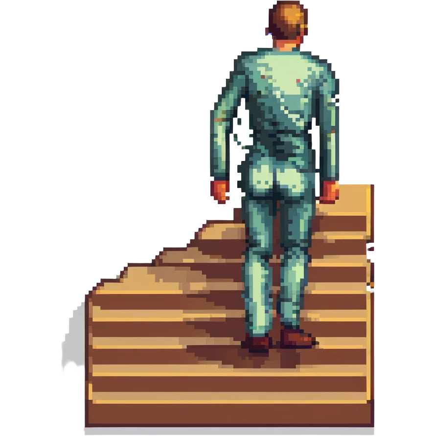 pixel art scene where a human and a staircase are fused, with the person’s torso or legs blending into the steps emoji